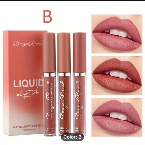 DragonRanee 1 box 3-pieces Matte Liquid Lipstick Set Long-Lasting