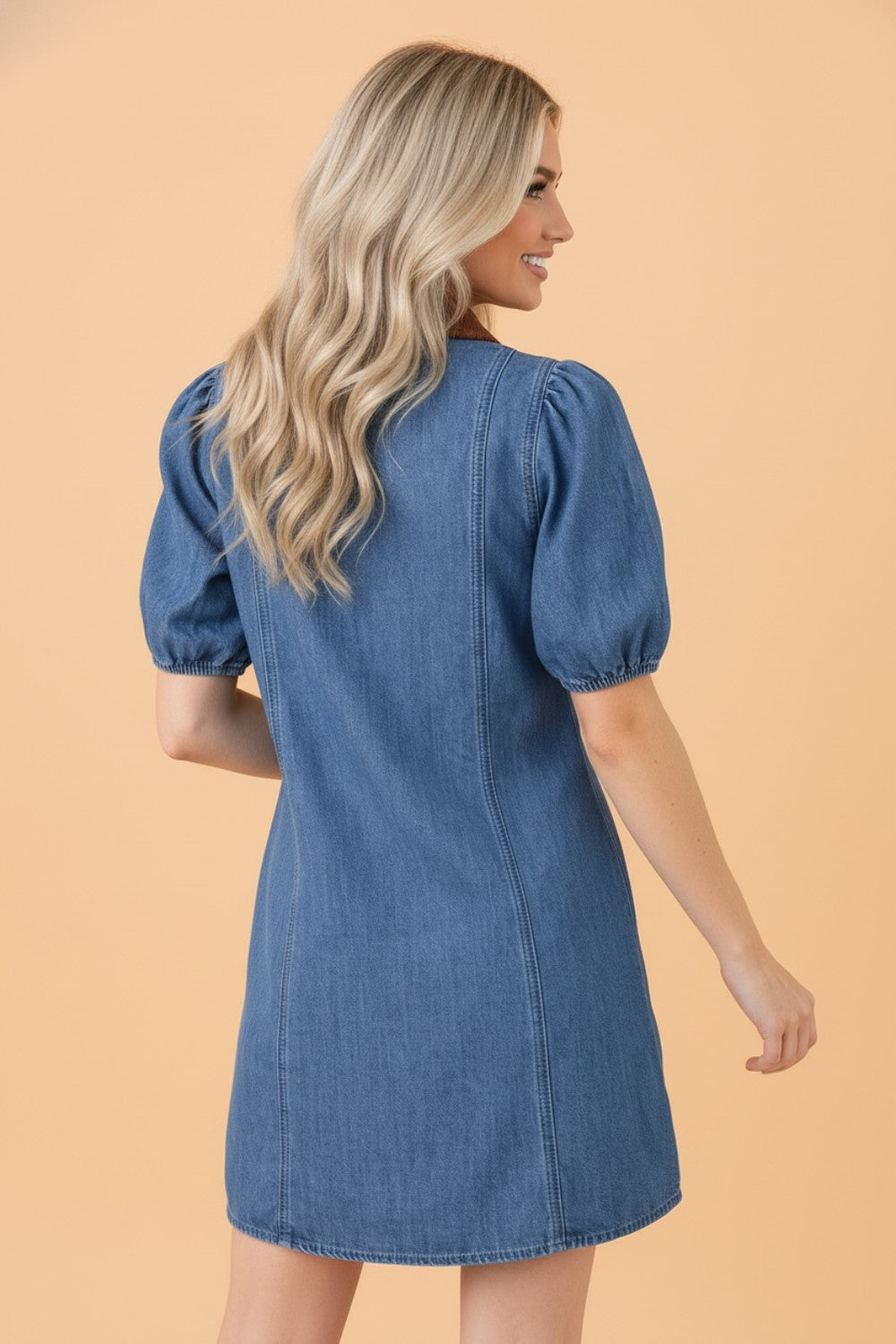 Denim Patchwork Collar Puff Sleeve Buttoned Mini Dress