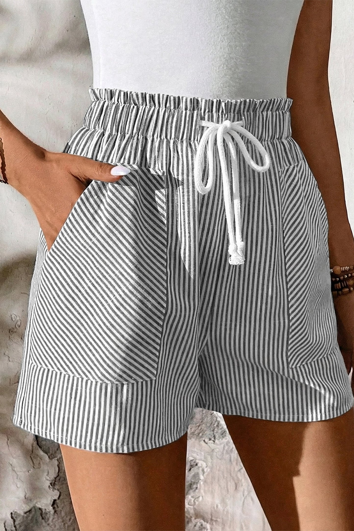 Stripe Lace-Up Elastic Waist Pocketed Shorts