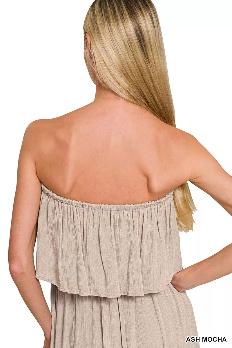 Zenana Woven Crinkle Strapless Maxi Dress