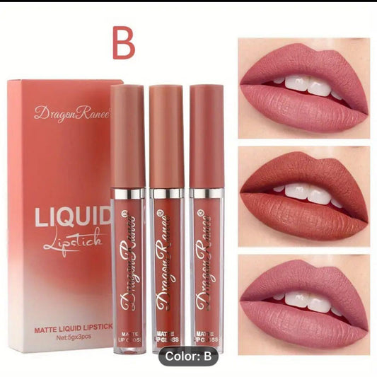 DragonRanee 1 box 3-pieces Matte Liquid Lipstick Set Long-Lasting