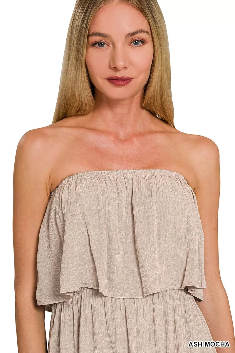 Zenana Woven Crinkle Strapless Maxi Dress