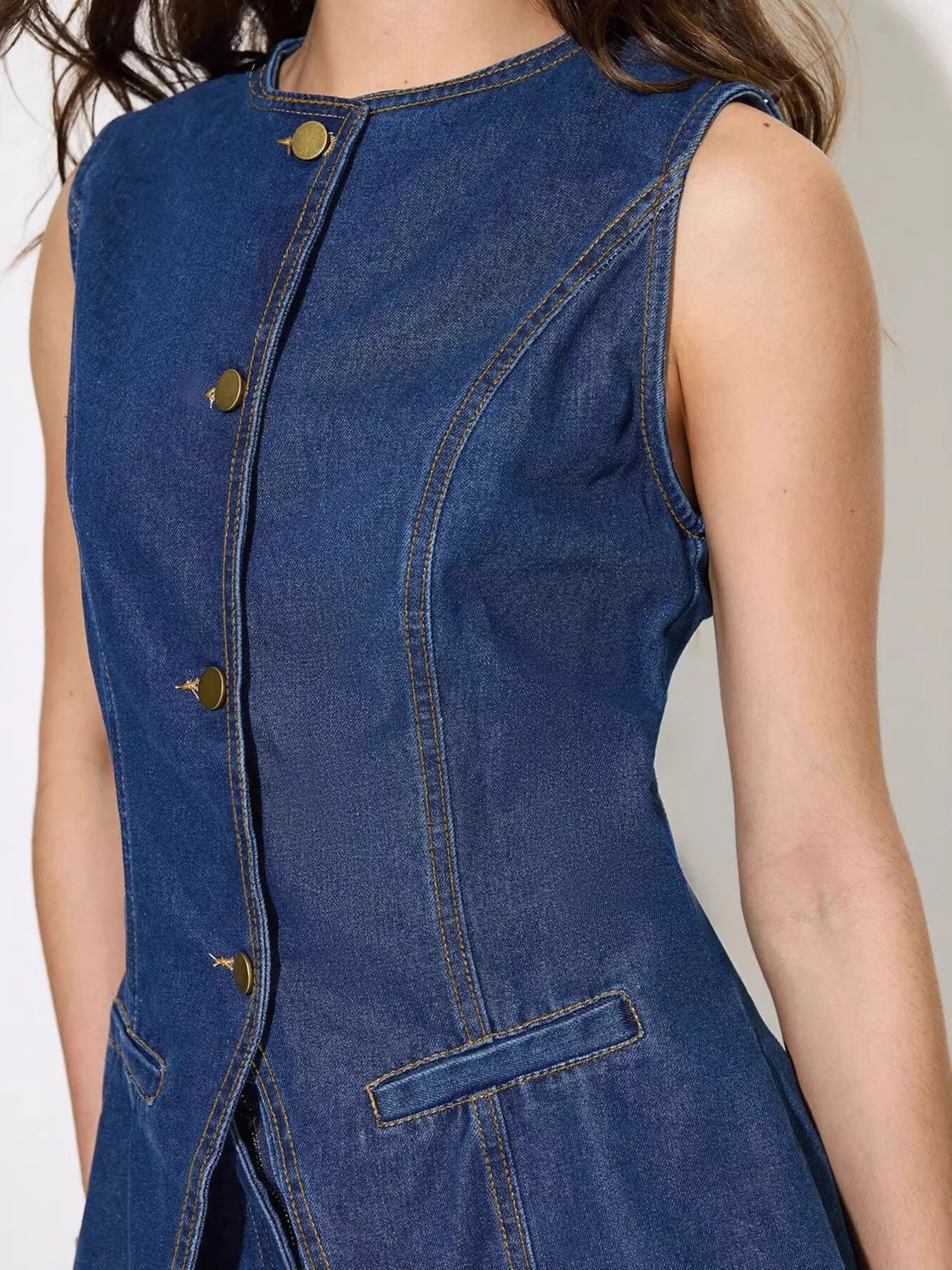 Button Up Sleeveless Denim Top and Shorts Set