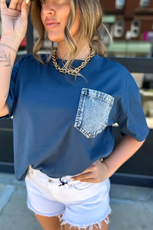 Colorblock Chest Pocket Patch Short Sleeve Top