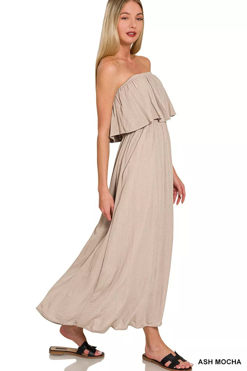 Zenana Woven Crinkle Strapless Maxi Dress