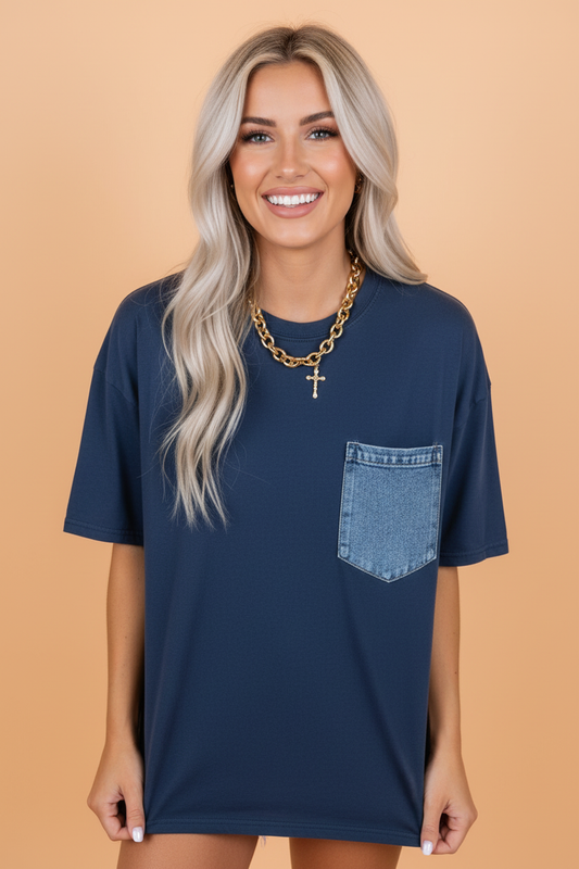 Colorblock Chest Pocket Patch Short Sleeve Top