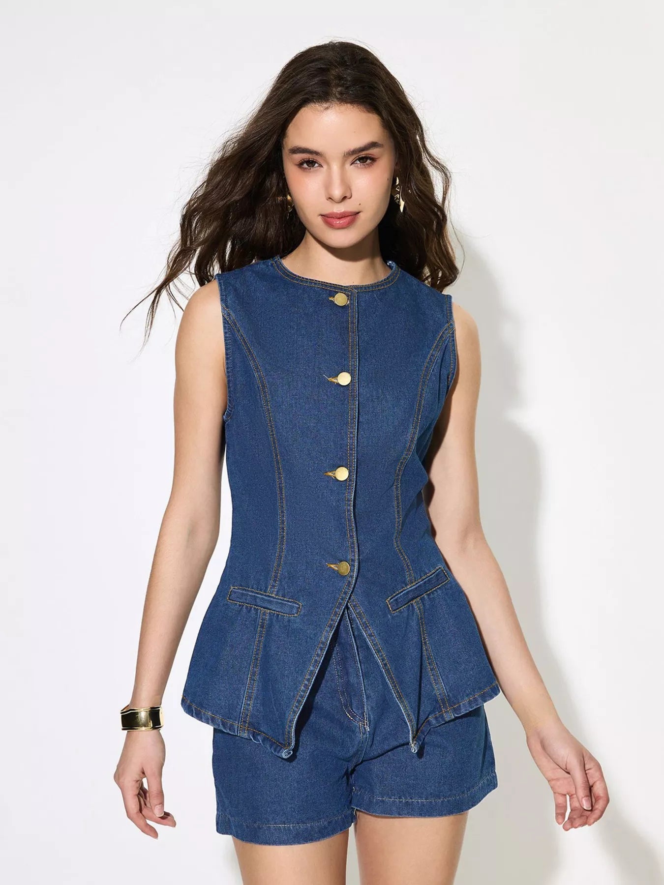 Button Up Sleeveless Denim Top and Shorts Set