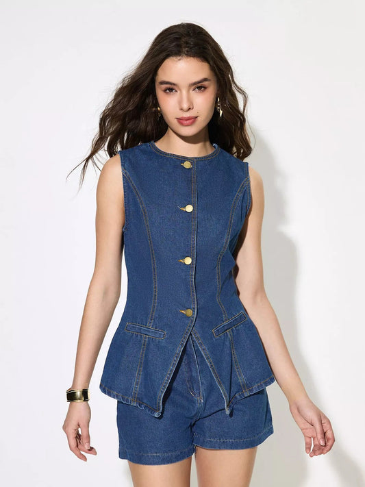 Button Up Sleeveless Denim Top and Shorts Set