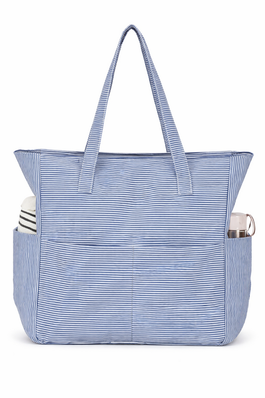 Blue Striped Oversized Canvas Beach Tote