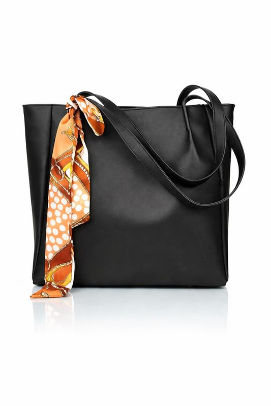 Black Vegan Leather Tote with Printed Scarf